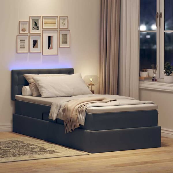 Förvaringssäng med LED med madrass Mörkgrå 100 x 200 cm Sammet