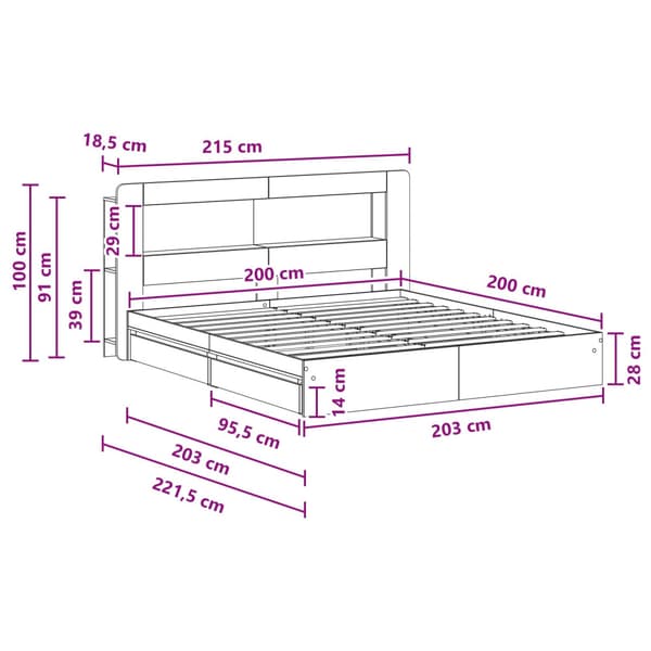 Sängram med förvaring Grå Sonoma 200 x 200 cm Konstruerat trä