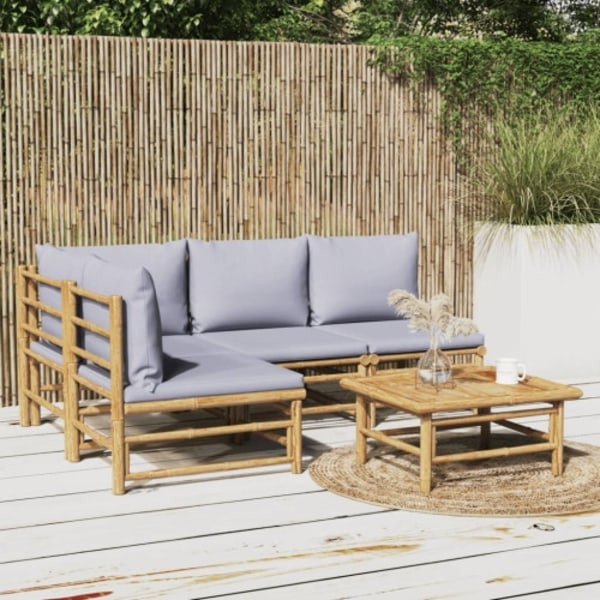 Loungegrupp för trädgården 5 delar ljusgråa dynor bambu