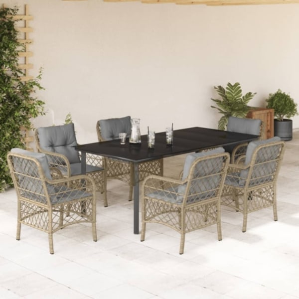 Matgrupp för trädgården med dynor 7 delar mixbeige konstrotting
