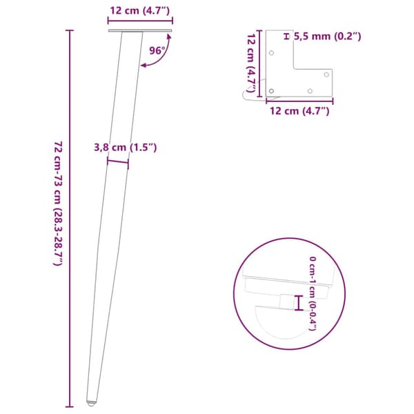 Konsolbordsben konisk form 4 st antracit 72-73 cm stål