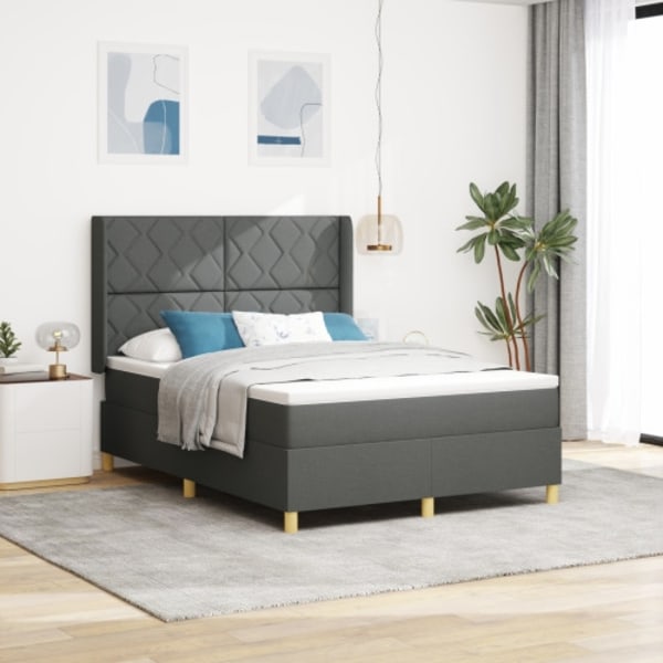 Box Spring Säng med Madrass och LED Mörkgrå 160x200 cm Tyg