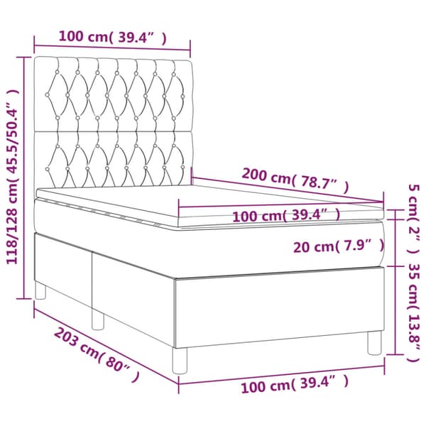 Ramsäng med madrass & LED mörkgrå 100x200 cm sammet