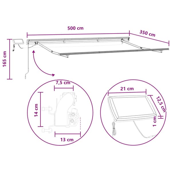 Utfällbar markis Ljusgrå och vit. 500 × 350 cm tyg