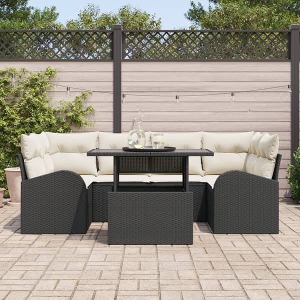 Trädgårdsoffset med kudde 7 pcs Svart Poly rattan