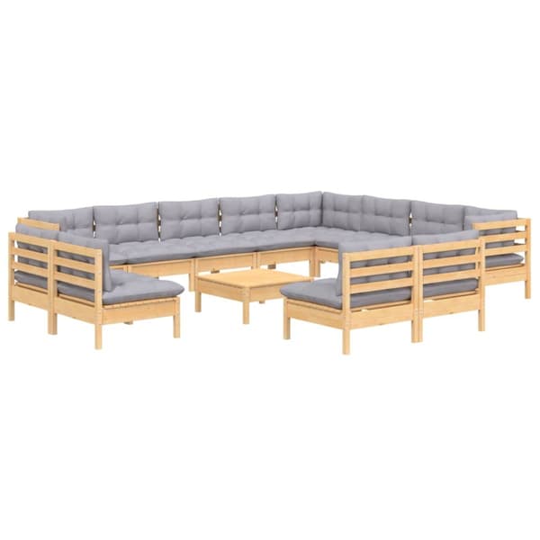 Loungegrupp med dynor 13 delar grå furu