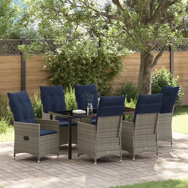 Bord- och stolset med kudde 7 pcs Grå PE Rattan
