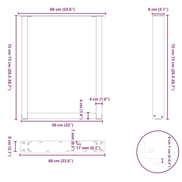 Matbordsben U-formade 2 st svarta 60x(72-73) cm stål
