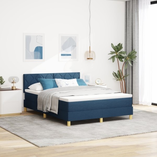 Box Spring Säng med Madrass & LED Blå 140x190 cm Tyg