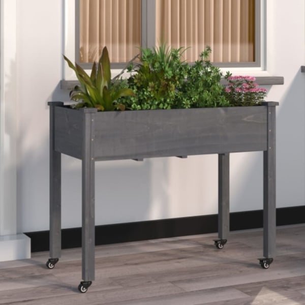 Odlingslåda på hjul med foder grå 118x59x80 cm massivt granträ