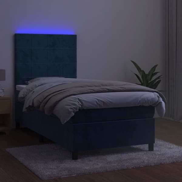 Ramsäng med madrass & LED mörkblå 90x200 cm sammet