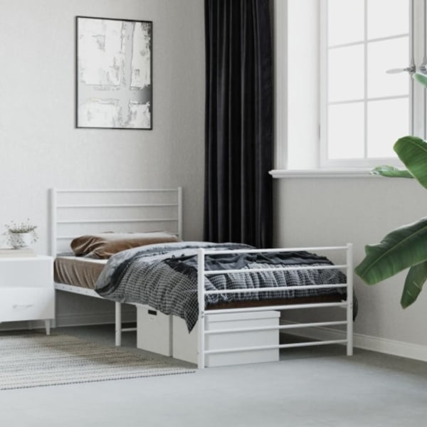 Sängram med huvudgavel och fotgavel vit metall 90x190 cm