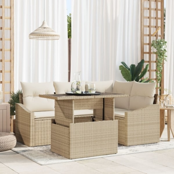 5-delat trädgårdsoffas med kuddar beige poly rattan