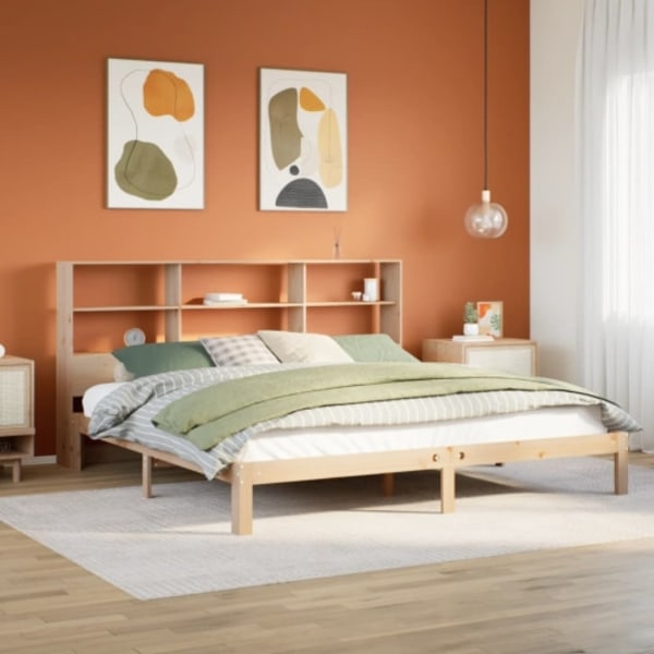 Säng med bokhylla utan madrass 200x200cm massiv furu