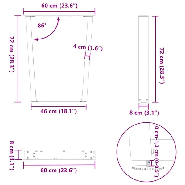 Matbordsben V-formade 2 st antracit 60x(72-73,3) cm stål