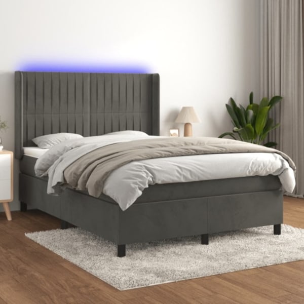 Ramsäng med madrass & LED mörkgrå 140x200 cm sammet