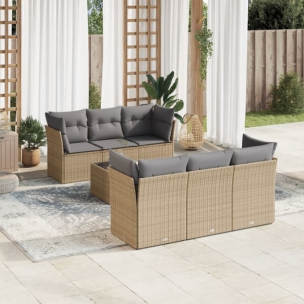 Matgrupp för trädgården med dynor 7 delar beige konstrotting