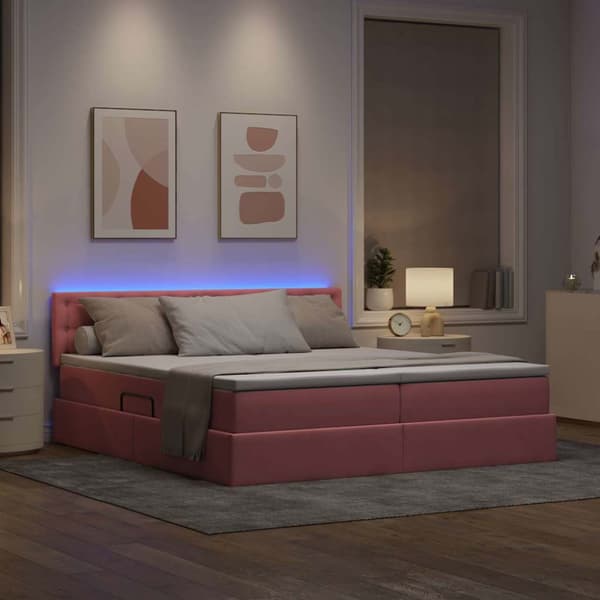 Säng med LED-ljusslingor med lagring Rosa 200 x 200 cm Sammet