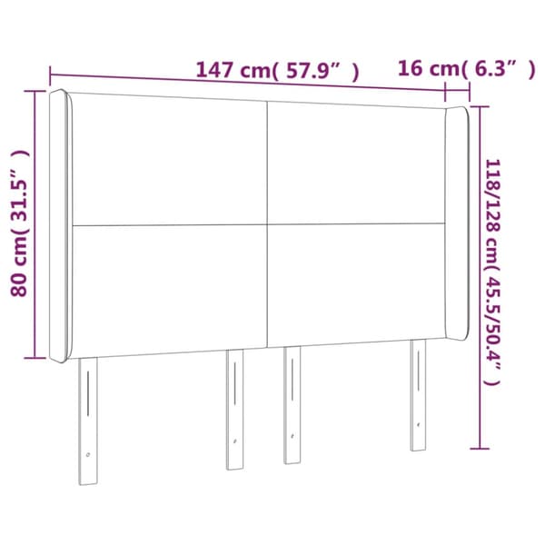 Sänggavel LED ljusgrå 147x16x118/128 cm sammet
