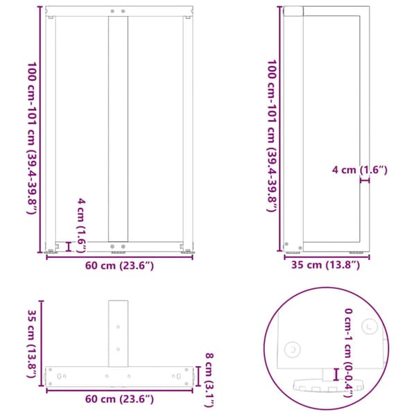Barbordsben T-formade 2 st antracit 60x35x(100-101) cm stål