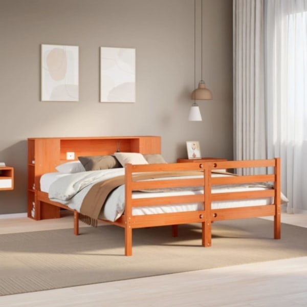 Säng med bokhylla utan madrass vaxbrun 120x190 cm massiv furu