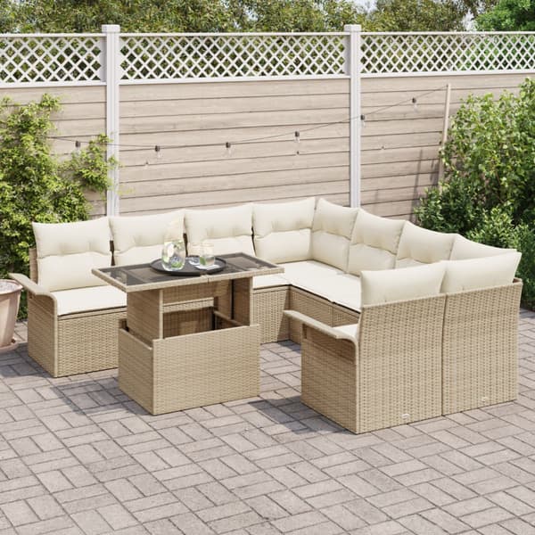 Trädgårdsoffset med kudde 9 pcs Beige Poly rattan