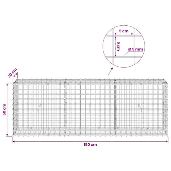 Gabion med 5 mm tråd och 5x5 cm nät 150x30x50 cm