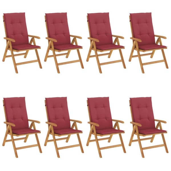 Fällbara fåtöljer med dynor, 8 st, massivt trä, teak