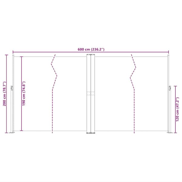Infällbar sidomarkis 200x600 cm svart