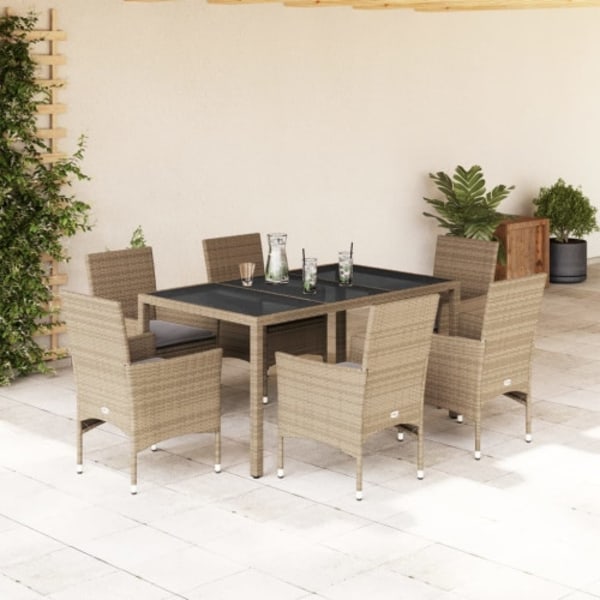 Matgrupp för trädgård med dynor 7 delar beige konstrotting&glas