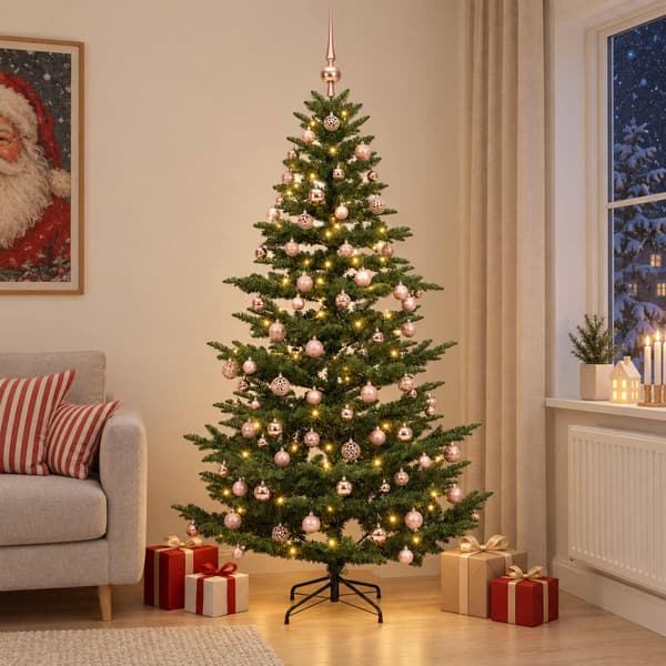 Konstgjord julgran med julkulor 210 cm 300 LED-lampor Varmvit