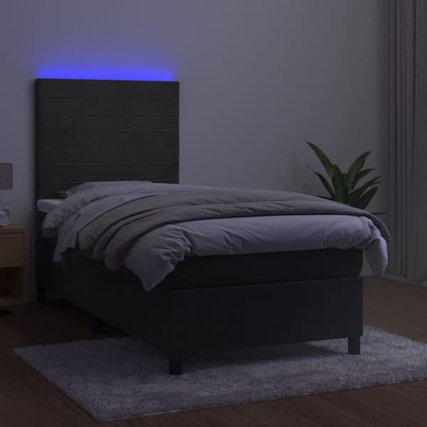 Ramsäng med madrass & LED mörkgrå 100x200 cm sammet