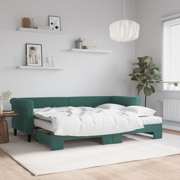 Dagbädd utdragbar med madrasser mörkgrön 80x200 cm sammet