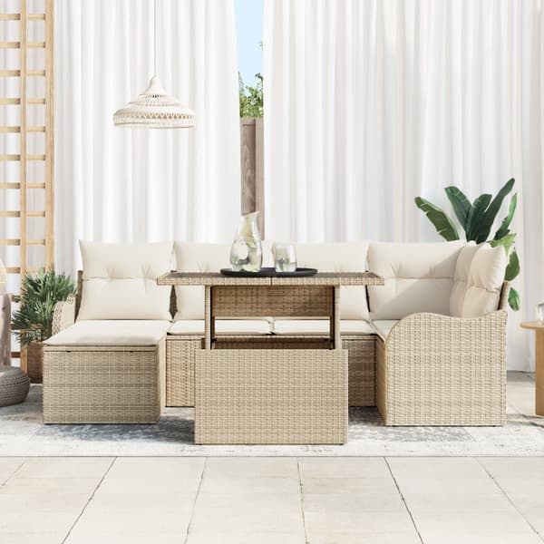 Trädgårdsoffset med kudde med lagring 7 pcs Beige Poly rattan