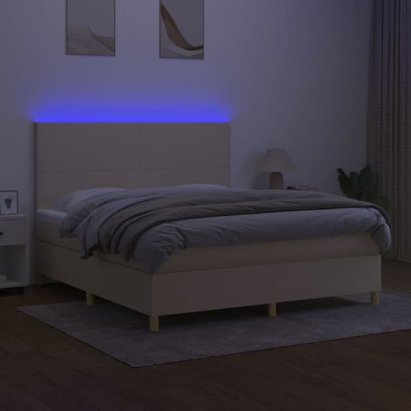 Ramsäng med madrass & LED gräddvit 160x200 cm tyg