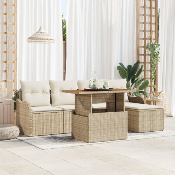 6-delad trädgårdsoffagrupp med kuddar beige polyrotting acacia