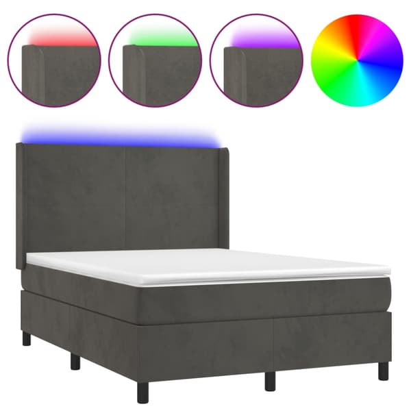 Ramsäng med madrass & LED mörkgrå 140x190 cm sammet