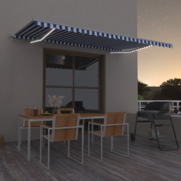 Markis manuellt infällbar med LED 500x350 cm blå och vit