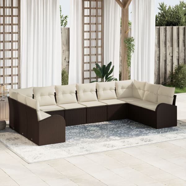 Soffset med kudde 10 pcs Brun Polyrattan
