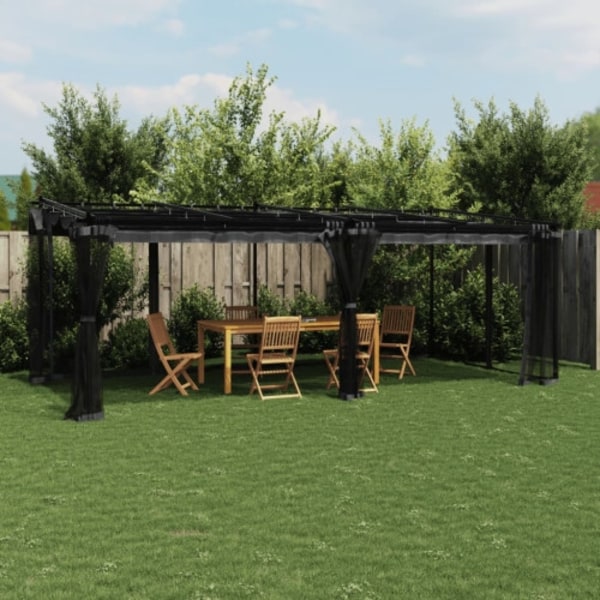 Paviljong med nätväggar antracit 6x3 m stål