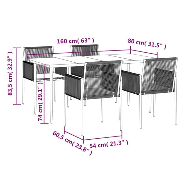 Matgrupp för trädgården 5 delar svart konstrottning & stål