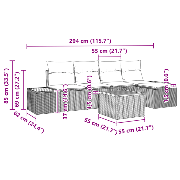 Trädgårdsoffset med kudde 6 pcs Svart Poly rattan