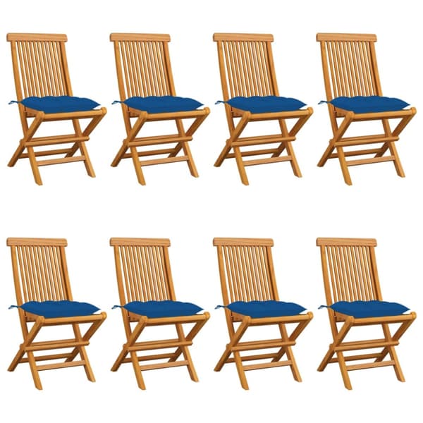 Trädgårdsstolar med blå dynor 8 st massiv teak