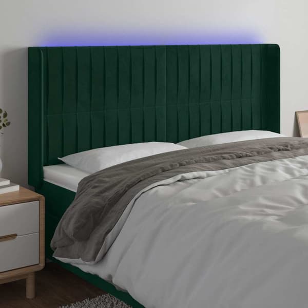 Sänggavel LED mörkgrön 203x16x118/128 cm sammet