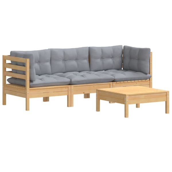 Loungegrupp med dynor 4 delar grå furu