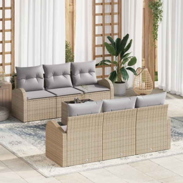 7-delat Trädgårdsoff Set med Kuddar Beige Poly Rattan