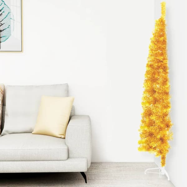 Smal halv plastgran med stativ guld 150 cm