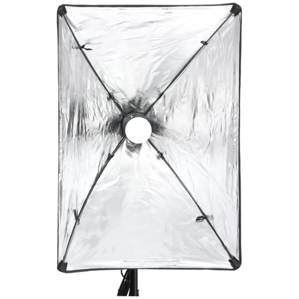 Studioutrustning med softbox-lampa, bakgrund och reflexskärm