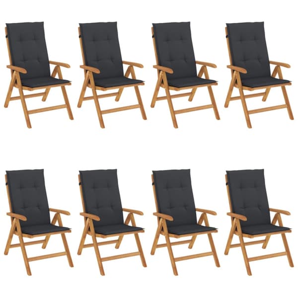Fällbara fåtöljer med dynor, 8 st, massivt trä, teak