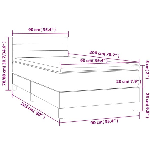 Ramsäng med madrass & LED mörkgrå 90x200 cm tyg